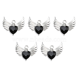 Rack Plating Alloy Glass Pendants, Cadmium Free & Lead Free & Nickle Free, Platinum, Faceted Heart Charm with Wing, Black, 20x22x4mm, Hole: 1.8mm(FIND-YW0001-85A)