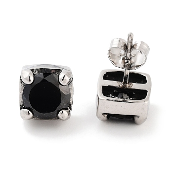 Square 316 Surgical Stainless Steel Pave Black Cubic Zirconia Stud Earrings for Women Men, Antique Silver, 9.5x9.5mm