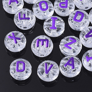 Plating Transparent Acrylic Beads, with Glitter Powder, Metal Enlaced, Horizontal Hole, Flat Round with Letter, Blue Violet, 10x6mm, Hole: 1.8mm, about 1580pcs/500g