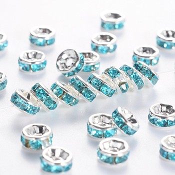 Brass Grade A Rhinestone Spacer Beads, Silver Color Plated, Nickel Free, Aquamarine, 5x2.5mm, Hole: 1mm