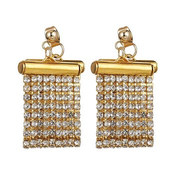 Rhinestone Chains Tassel Earrings, Brass Dangle Stud Earrings with 304 Stainless Steel Pins, Golden, 35.5x20mm