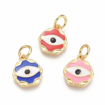 Golden Plated Brass Charms, with Enamel and Jump Rings, Flower with Evil Eye, Mixed Color, 13x11.5x2mm, Hole: 4mm