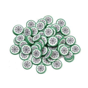 Halloween Handmade Polymer Clay Cabochons, Flat Round & Spider Web, Sea Green, 5~6x0.3~1.2mm, about 19230pcs/500g
