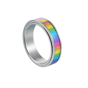 Rainbow Color Pride Flag Enamel Rectangle Rotating Ring, Stainless Steel Fidge Spinner Ring for Stress Anxiety Relief, Stainless Steel Color, US Size 8(18.1mm)