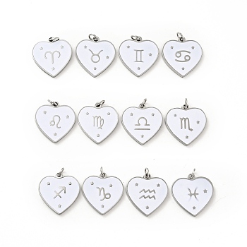 304 Stainless Steel Pendants, with Jump Rings and Enamel, Heart, Stainless Steel Color, 12 Constellations, 15x15x1.5mm, Hole: 2.8mm