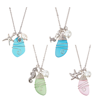 4Pcs 4 Style Twist Teardrop Glass & Alloy Ocean Theme Pendant Necklaces Set, Starfish & Mermaid & Sea Horse, Mixed Color, 18.31 inch(46.5cm), 1pc/style