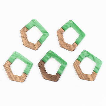 Opaque Resin & Walnut Wood Pendants, Polygon, Green, 35x31x3mm, Hole: 2mm