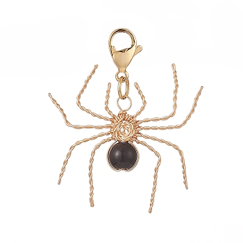 Wire Wrapped Natural Black Agate Pendant Decorations, with 304 Stainless Steel Lobster Claw Clasps, Spider, 35mm