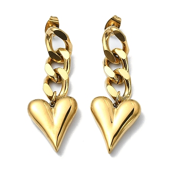 Ion Plating(IP) 304 Stainless Steel Heart Dangle Stud Earrings, Curb Chains Drop Earrings, Golden, 45x16mm