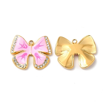 Real 18K Gold Plated 304 Stainless Steel Rhinestone Pendants, with Enamel, Bowknot Charms, Pearl Pink, 16.5x19x2.5mm, Hole: 1.4mm