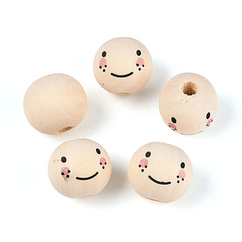 Printed Schima Wood Beads, Round with Facial Expression, Old Lace, 18.5~19.5mm, Hole: 5mm