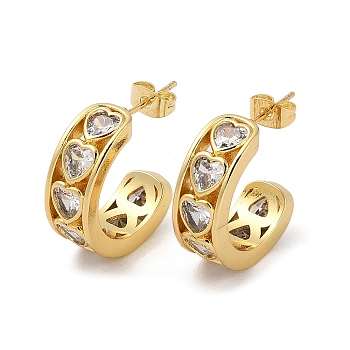 Brass Micro Pave Cubic Zirconia Heart Stud Earrings, Half Hoop Earrings, Real 18K Gold Plated, 22x8mm