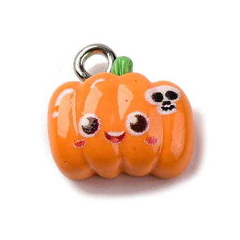 Halloween Theme Opaque Resin Charms, with Platinum Plated Iron Loops, Pumpkin, 12.5x13x6mm, Hole: 2mm