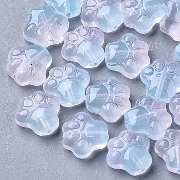 Two Tone Transparent Spray Painted Glass Beads, Dog Paw Prints, Light Sky Blue, 11x12x4.5mm, Hole: 1mm