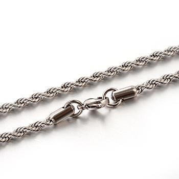 304 Stainless Steel Rope Chain Necklaces, with Lobster Claw Clasps, Stainless Steel Color, 19.7 inch(50cm), 3mm