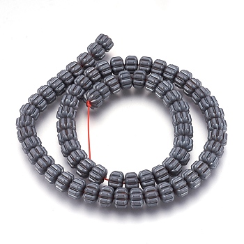 Non-magnetic Synthetic Hematite Bead Strands, Frosted, Corrugated Beads, Pumpkin, Original Color, 8x5.5mm, Hole: 1mm, about 70~73pcs/strand, 15.9 inch(40.5cm)