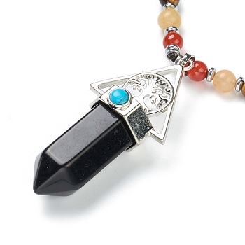 Chakra Jewelry, Faceted Bullet Natural Obsidian Pendant Necklaces, with Gemstone Round Beads and Platinum Plated Alloy Findings, 16.42 inch(41.7cm)