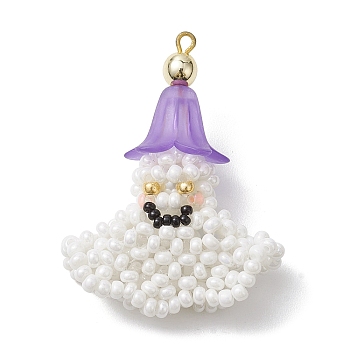 Halloween Theme Handmade Glass Seed Beads Woven Pendants, Ghost Charms, White, 49.5x37.5x18mm, Hole: 2x1.7mm