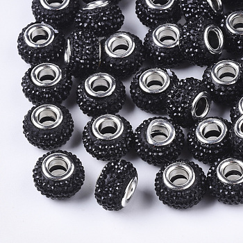 Opaque Resin European Beads, Large Hole Beads, Bayberry Beads, with Platinum Tone Brass Double Cores, AB Color, Rondelle, Black, 14x9.5mm, Hole: 5mm