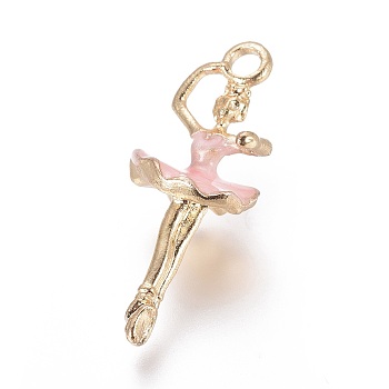 Alloy Pendants, with Enamel, Dancing Girl, Light Gold, Pearl Pink, 28x11x10mm, Hole: 2.5mm