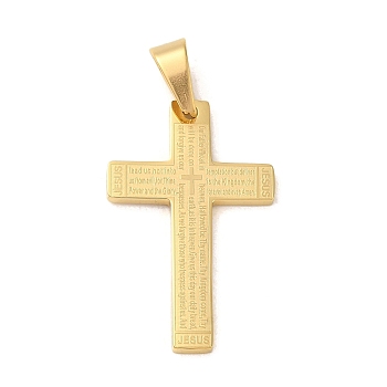 Vacuum Plating 304 Stainless Steel Pendants, Cross with Word Charm, Religion, Golden, 34.8x22x1.8mm, Hole: 8x5.5mm