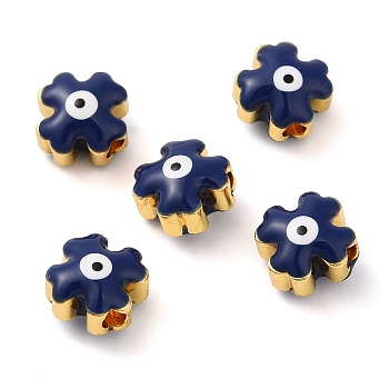 Golden Tone Brass Enamel Beads, Cadmium Free & Lead Free, Long-Lasting Plated, Cross with Evil Eye, Prussian Blue, 8x8x6mm, Hole: 1.8mm