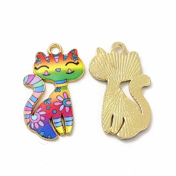 Printed Alloy Pendants, Lead Free & Cadmium Free & Nickel Free, Cat Charm, Golden, Mixed Color, 26x17x2mm, Hole: 2mm
