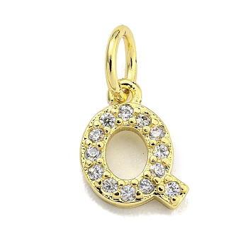 Letter Brass Micro Pave Clear Cubic Zirconia Pendants, Jump Ring, Real 18K Gold Plated, Letter Q, 8.9x7x1.8mm, Jump Ring: 5x0.9mm, Hole: 3.5mm