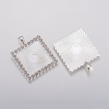 Alloy Pendant Cabochon Settings, Plain Edge Bezel Cups, with Rhinestone, Square, Crystal, Silver, Tray: 25x25mm, 45x34.5x3mm, Hole: 4x6mm