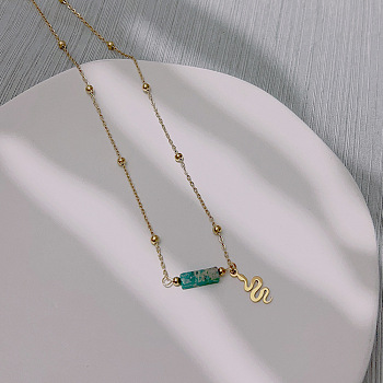 Natural Imperial Jasper Column Pendant Necklaces, with Stainless Steel Snake Charm, Golden, Golden, 15.75 inch(40cm)
