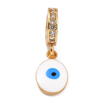 Brass Micro Pave Clear Cubic Zirconia European Dangle Charms, with Enamel, Long-Lasting Plated, Flat Round with Evil Eye, Golden, White, 20mm,  Flat Round: 11x6.5x3mm, Hole: 5mm