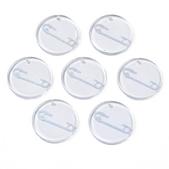 Transparent Resin Pendants, with Glitter Powder, Flat Round with Pin, Sky Blue, 24.5x2.5~3mm, Hole: 1.4mm