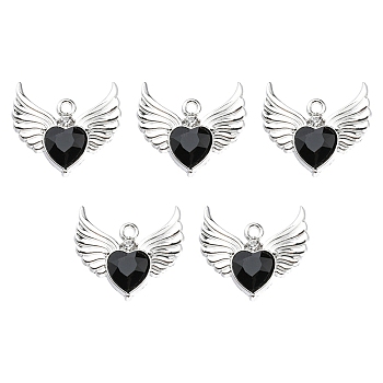 Rack Plating Alloy Glass Pendants, Cadmium Free & Lead Free & Nickle Free, Platinum, Faceted Heart Charm with Wing, Black, 20x22x4mm, Hole: 1.8mm