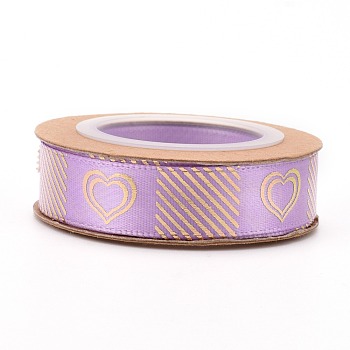 Polyester Ribbons, Single Face Golden Hot Stamping, for Gifts Wrapping, Party Decoration, Heart Pattern, Orchid, 5/8 inch(17mm), 10yards/roll(9.14m/roll)