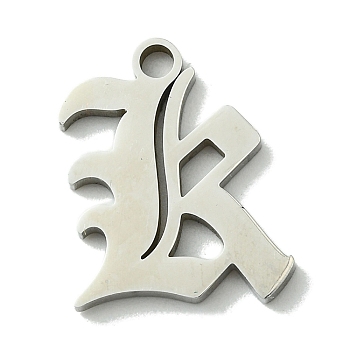201 Stainless Steel Pendants, Stainless Steel Color, Old Initial Letters Charms, Letter K, 19.5x15.5x1.6mm, Hole: 1.8mm