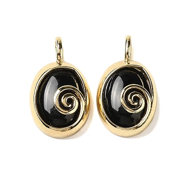 Natural Black Onyx(Dyed & Heated) Oval Pendants, Ion Plating(IP) Golden Plated Brass Vortex Charms, 24x14x6mm, Hole: 4.5x2.5mm