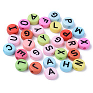 Opaque Acrylic Beads, Horizontal Hole, Flat Round with Black Random Letters, Mixed Color, 10x4.5mm, Hole: 2mm, about 1600pcs/500g(MACR-S273-50)