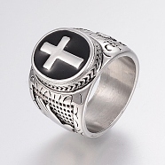 304 Stainless Steel Finger Rings, with Enamel, Wide Band Rings, Cross, Antique Silver, 17~22mm(RJEW-G091-22-AS)