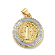 Brass Charms, with Shell, Cadmium Free & Lead Free, Long-Lasting Plated, Flat Round with Virgin Mary, Real 18K Gold Plated, Light Steel Blue, 23x20x2.5mm, Hole: 3.5x3mm(KK-B059-50G-A)