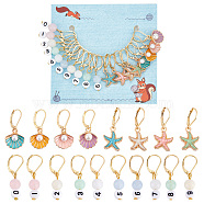 Starfish/Shell/Number Alloy Enamel & Acrylic Pendant Locking Stitch Markers, 304 Stainless Steel Crochet Leverback Hoop Charms, Mixed Color, 3.3~3.5cm, 18pcs/set(HJEW-AB00585)