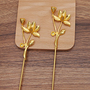 Iron Hair Stick Findings, with Alloy Cabochons Settings, Lotus, Golden, Tray: 10mm and 14x10mm, 181x34x15.5mm(OHAR-PW0001-296G)