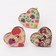 Heart Wooden Buttons Rings, with Silver Color Plated Aluminum Wires, Mixed Color, 16mm(RJEW-JR00092)