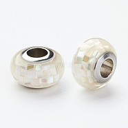 304 Stainless Steel Resin European Beads, with Shell and Enamel, Rondelle, Large Hole Beads, Beige, 12x8mm, Hole: 5mm(RPDL-P002-A12)