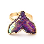 Mermaid Fishtail Resin Adjustable Finger Ring, Brass Ring for Girl Women, Golden, Dark Violet, US Size 7(17.3mm)(RJEW-C009-01A-01)