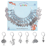 18Pcs 6 Style Hedgehog & Squirrel & Leaf & Pine Cone Tibetan Style Charms Locking Stitch Marker, with 304 Stainless Steel Leverback Earring Hook, Antique Silver, 30~39mm, Pin: 0.5mm, 3Pcs/style(HJEW-PH01552)