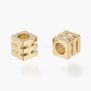 Brass Spacer Beads, Long-Lasting Plated, Grooved Cube, Real 18K Gold Plated, 2.5x2.5x2.25mm, Hole: 1.6mm(KK-H101-03C-LG)