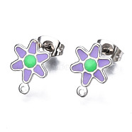 304 Stainless Steel Enamel Stud Earring Findings, with Loop and Ear Nuts/Earring Backs, Flower, Medium Orchid, 12.5x9mm, Hole: 1mm, Pin: 0.8mm(STAS-T052-43P-04)