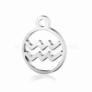 201 Stainless Steel Charms, Flat Round with Constellation, Stainless Steel Color, Aquarius, 13.4x10.8x1mm, Hole: 1.5mm(STAS-T014-T505-11)