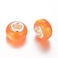 Resin European Beads, Imitation Cat Eye, Large Hole Beads, with Silver Color Plated Brass Cores, Rondelle, Orange, 14x8~8.5mm, Hole: 5mm(RPDL-R010-08)