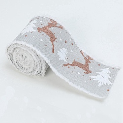 Christmas Theme Wired Linen Ribbon, Fuzzy Edged Ribbon, Deer & Christmas Tree Print, Light Grey, 2-1/2 inch(65mm), about 10.94 Yards(10m)/Roll(OCOR-G013-01C)